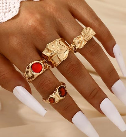 iF YOU 25 Pcs Gold Stackable Ring Set for Women, Chunky Knuckle Finger Midi Rings, Silver Simple Stacking Cute Rings Pack Trendy Stuff Jewelry Gift - style: 10 Red gem rings