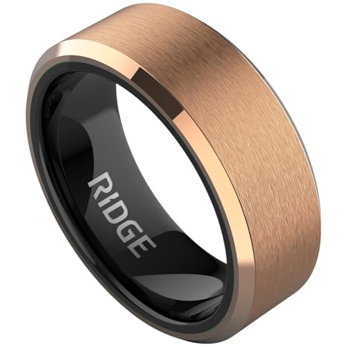 The Ridge Tungsten Rings For Men - Mens Wedding Band - Strong, Durable, and Scratch-Resistant Beveled Ring With Silicone Band - color: 18K Rose Gold