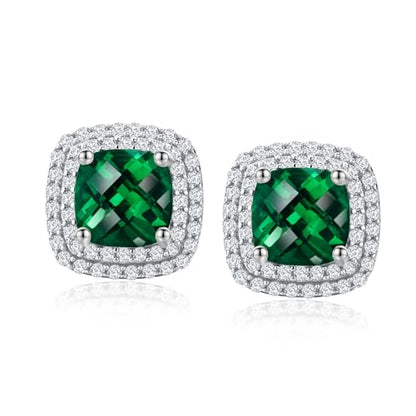 Dainty Birthstone Earrings for Women Sterling Silver Small Stud Earrings with Halo Cushion/Round Created Gemstone Earrings Birthstone Jewelry - style: A 05. May/created emerald-cushion cut