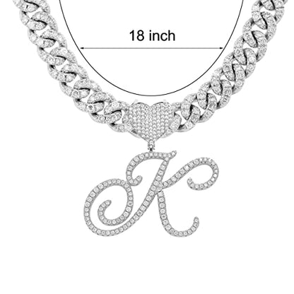 Initial Necklaces Silver Cuban Link Chain for Women Iced Out Chain with Heart Letter Pendants Custom Chain Name Necklace Hip Hop Jewelry Gift - color: K