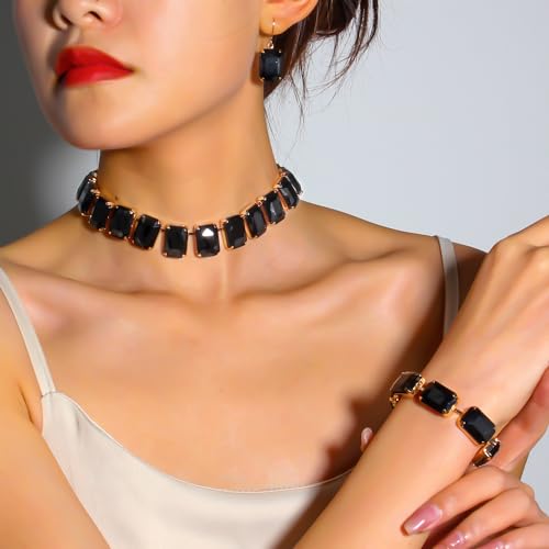 KOSMOS-LI Rectangle Faux Crystal Jewelry Sets Includ Necklace Bracelet Earrings For Women Stocking Stuffers - color: black