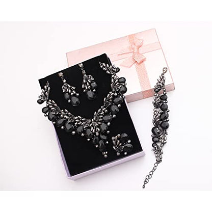 Jewelry Set for Women, Statement Necklace Dangle Earrings Bracelet Ring, White/KC Gold Plated Jewelry Set with Rhinestone Pearl Crystal Wedding Party Jewelry for Bridal Bridesmaid - color: All Black-Jet