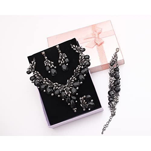 Jewelry Set for Women, Statement Necklace Dangle Earrings Bracelet Ring, White/KC Gold Plated Jewelry Set with Rhinestone Pearl Crystal Wedding Party Jewelry for Bridal Bridesmaid - color: All Black-Jet