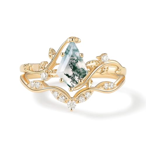 Natural Moss Agate Leafy Vintage Bridal Sets Wedding Rings for Women, 10K 14K 18K Solid Gold Kite-Cut Green Moss Agate and Moissanite Engagement Ring for Women Mother Her Jewelry Gift - color: 10-style10