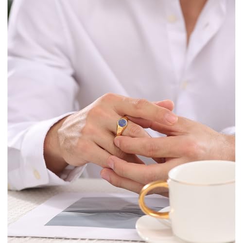 MYNENEY Stainless Steel Round Statement Pinky Signet Rings for Men Women - color: Lapis lazuli-Gold