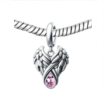 KunBead Guardian Angel Wings Birthstone Dangle Birthday Charms Compatible with Pandora Charm Bracelet for Women - color: Pink