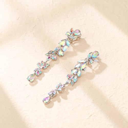 Crysdue Clip On Earrings for Women Rhinestone Crystal Teardrop Cluster Wedding Bridal Non Pierced Long Dangle Earring for Prom Party - color: Iridescent AB Silver-Tone