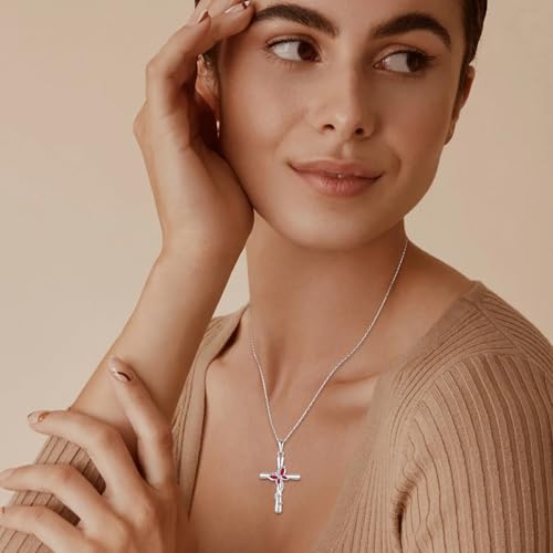 Cross Necklace for Women 925 Sterling Silver Butterfly Necklace Birthstone Pendant Created Gemstone Jewelry Gifts for Women - color: 07 July - Ruby