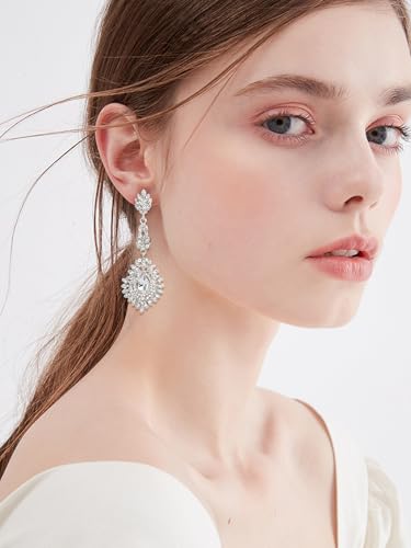 Crystal Teardrop Dangle Earrings - S925 Sterling Silver Posts Rhinestone Drop Earrings for Women Wedding Bridal Brides Bridesmaids Party Prom Pageant Fashion Costume Jewelry - style: clear teardrop dangle earring silver