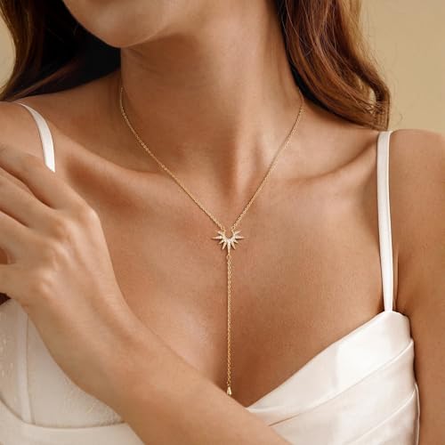 Lariat Gold Necklace for Women, Dainty Long Necklaces 14k Gold Plated Y-Shaped Layered Drop Necklaces for Women Trendy Simple Gold Jewelry for Prom Vacation Gifts - color: Sun Necklace-Gold