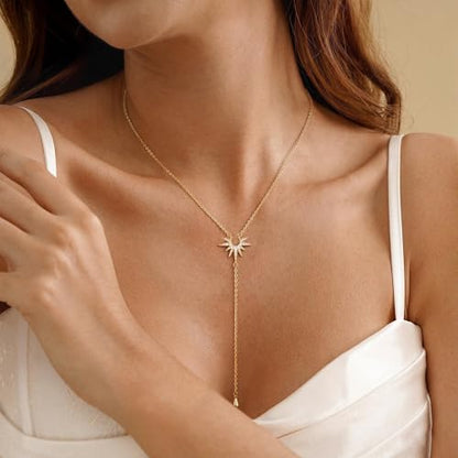 Lariat Gold Necklace for Women, Dainty Long Necklaces 14k Gold Plated Y-Shaped Layered Drop Necklaces for Women Trendy Simple Gold Jewelry for Prom Vacation Gifts - color: Sun Necklace-Gold