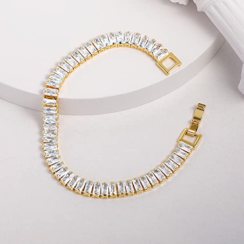 MDFUN 18K Yellow Gold Plated Round Tennis Bracelet for Women – Elegant 5mm Cubic Zirconia Tennis Bracelet – Great Gift for Mom, Wife & Loved Ones Size 6-8.5 inches - style: Rectangle CZ- 8 in