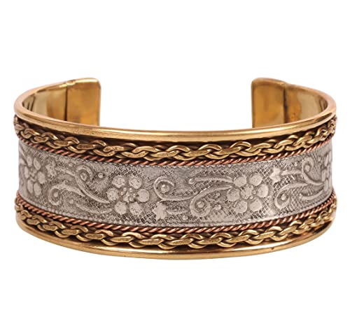 Touchstone Indian Bollywood Handcrafted Slip In Easy To Wear Stylish Wrist Enhancer Designer Broad Jewelry Cuff Bracelet For Women and Men. - style: Braided two tone floral 1