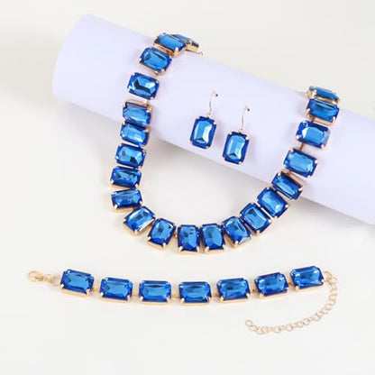 KOSMOS-LI Rectangle Faux Crystal Jewelry Sets Includ Necklace Bracelet Earrings For Women Stocking Stuffers - color: blue