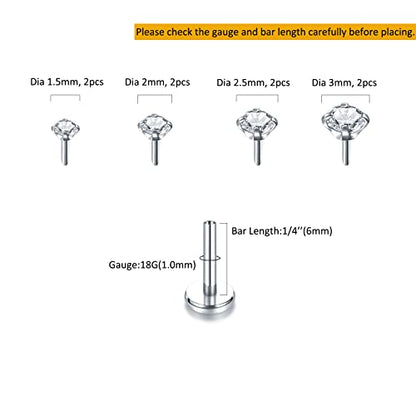 Oveta Threadless Push in Lip Rings 16G/18G/20G Labret Jewelry CZ Lip Studs Stainless Steel Cartilage Earrings for Women Monroe Medusa Piercing Jewelry 6/7/8/10/12mm Bar Length - color: Silver, size: 18G*6mm bar*1.5/2/2.5/3mm cz