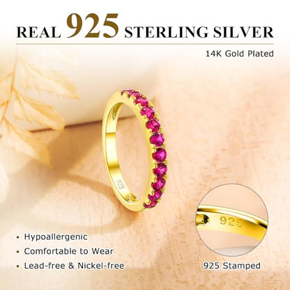 Bezel Set Birthstone Wedding Band 14K Gold Sterling Silver Stackable Half Eternity Band Rings 2.5mm Wide Ruby/Amethyst/Sapphire/Emerald Green/Aquamarine Ring for Women, Send Gift Box - style: 07-Created Ruby