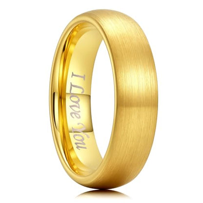King Will Wedding Band for Men Women, 2/4/6/7/8mm Domed Matte Brushed Tungsten Carbide Rings, Solid/Dual Color Engagement Rings, Comfort Fit - color: I Love U-Gold-6mm