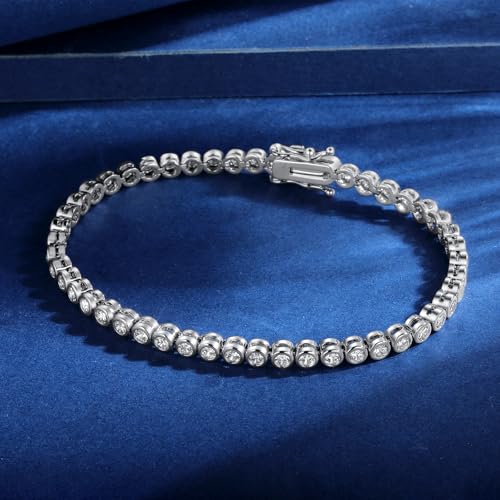 Tennis Bracelet for Women, White Gold Plated with Bezel Clear 3mm Round Cut Cubic Zirconias - size: 6.5 inch