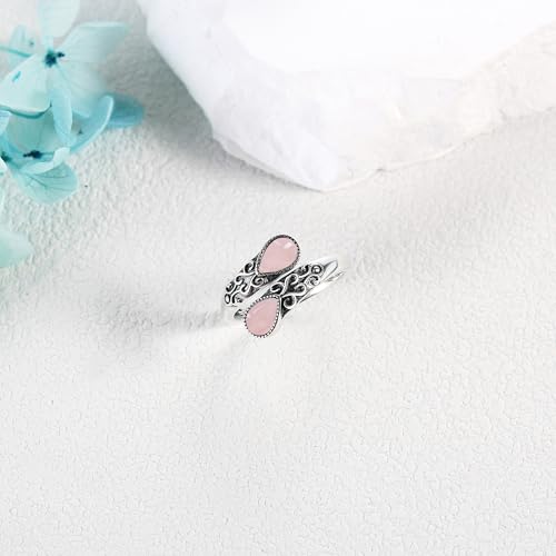 Ring for Women Sterling Silver Adjustable Band Open Rings Jewelry Gifts for Girls - style: Rose Quartz