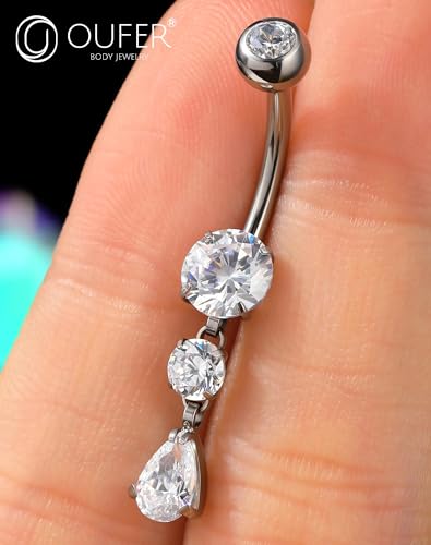 OUFER Dangle Belly Button Rings, Titanium Belly Rings, Clear CZ Dangle Belly Piercing Jewelry, Navel Piercing Jewelry, Internally Threaded Belly Rings For Women Men-10MM