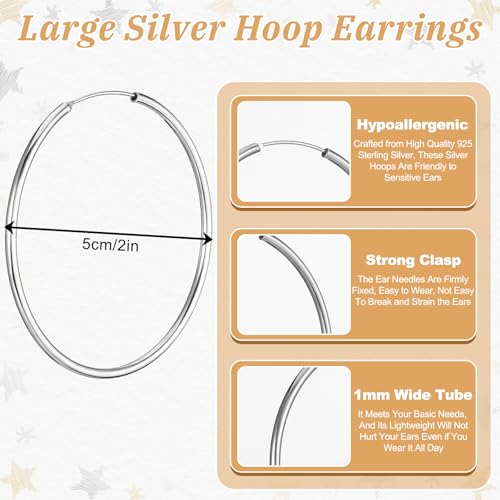 925 Sterling Silver Hoop Earrings Lightweight Endless Thin Silver Hoop Earrings 50mm Big Hoops Earring for Women