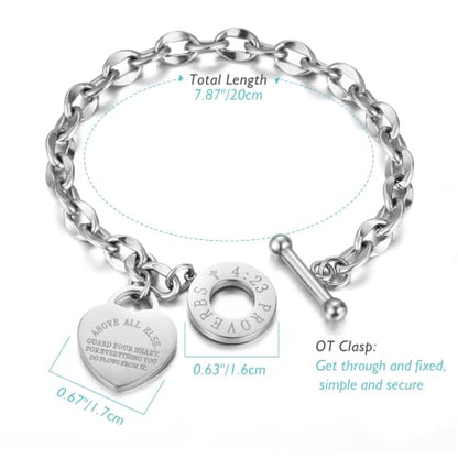 Emibele Heart Charm Bracelet for Women, Bible Verse Bracelet Stainless Steel 18K Gold Plated Bracelet Love Pendant Link Chain OT Clasp, Birthday Christmas Jewelry Gift for Mother Her - color: Silver Heart