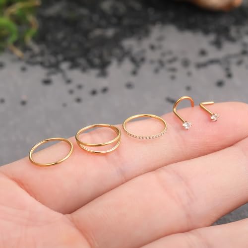 Xpircn 5pcs Hoop Nose Rings and L Shaped Nose Rings Stud Set 18G/20G Stainless Steel CZ Helix Conch Daith Tragus Cartilage Hoop Earrings for Women 6mm 7mm 8mm 10mm - color: Gold, size: 20G, 10mm hoop & 7mm studs