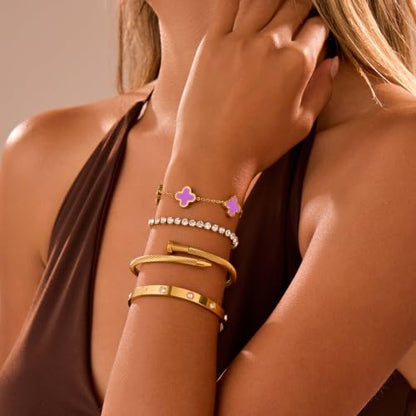 18K Gold Plated Bangle Bracelets Stack for Women,Four Leaf Clover Stackable Bracelets Non Tarnish,4 Pcs Jewelry sets Gifts - color: Purple