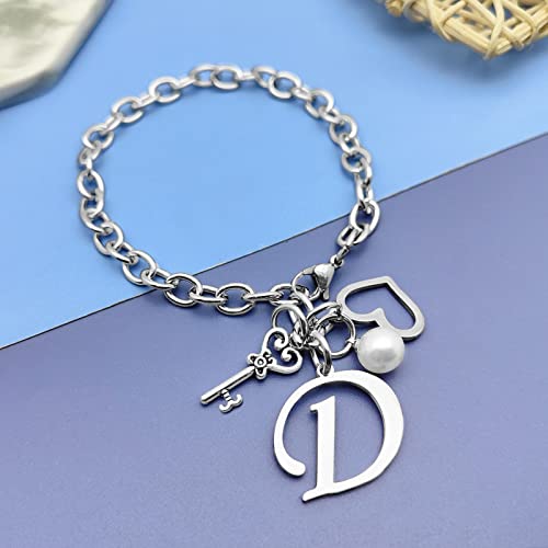 Initial A-Z Bracelets Gift for Women Girls Stainless Steel Chain Bracelet 26 Alphabet Jewelry Gifts for Birthday Anniversary Letter Bracelet Monogram Gifts for Sister Friend Girlfriends Mom 8.26 Inch - color: D