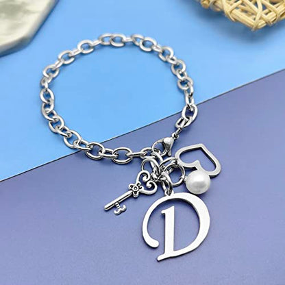 Initial A-Z Bracelets Gift for Women Girls Stainless Steel Chain Bracelet 26 Alphabet Jewelry Gifts for Birthday Anniversary Letter Bracelet Monogram Gifts for Sister Friend Girlfriends Mom 8.26 Inch - color: D