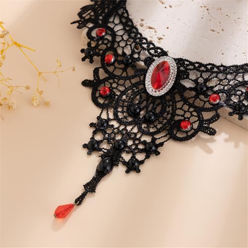 Black Lace Choker Necklace for Women Halloween Gothic Vampire Red Crystal Necklaces Steampunk Cosplay Costume Party Necklace Halloween Jewelry - color: Red