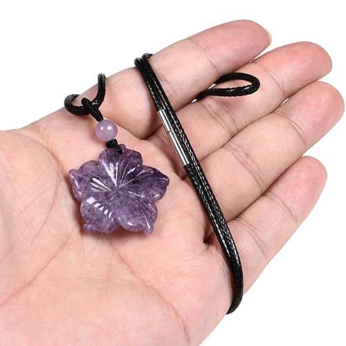 Justinstones Hand Carved Healing Crystals Gemstone Hawaii Flower Pendant Hand Weaving Wax Rope Necklace 22 inch - color: Amethyst