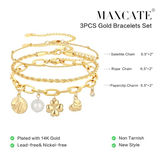 3PCS Charm Gold Bracelets for Women Non Tarnish,14k Plated Gold Bracelet Stack Cute Dainty Stackable Trendy Bow Cross Clover Bracelets Set Tarnish Free Gold Jewelry for Women Gifts - color: Three-Gold