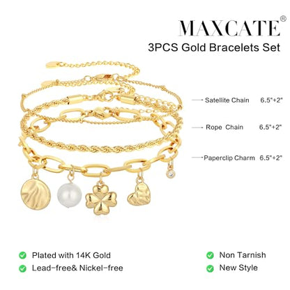 3PCS Charm Gold Bracelets for Women Non Tarnish,14k Plated Gold Bracelet Stack Cute Dainty Stackable Trendy Bow Cross Clover Bracelets Set Tarnish Free Gold Jewelry for Women Gifts - color: Three-Gold