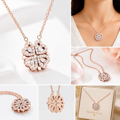 Rich London 18K Rose Gold Plated 2-in-1 Clover Heart Pendant Necklace for Women | Elegant Crystal Charm Jewellery - color: Golden