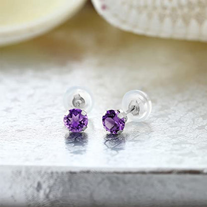 Gem Stone King 14K Gold Gemstone Birthstone Stud Earrings For Women Men | 4MM Round Cut | Solitaire Gold Studs with Secure Backs | Fine Jewelry for Her Him Mom Dad Wife - color: Amethyst-February