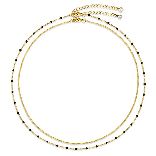 CHESKY 14K Gold Plated Silver Dainty Satellite Choker Necklace for Women | Layered Beaded Chain Necklace, Thin Choker Jewelry, Dainty Gold necklace, Minimalist Trendy Jewelry, Daily Gift for Women - style: black beads