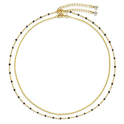 CHESKY 14K Gold Plated Silver Dainty Satellite Choker Necklace for Women | Layered Beaded Chain Necklace, Thin Choker Jewelry, Dainty Gold necklace, Minimalist Trendy Jewelry, Daily Gift for Women - style: black beads