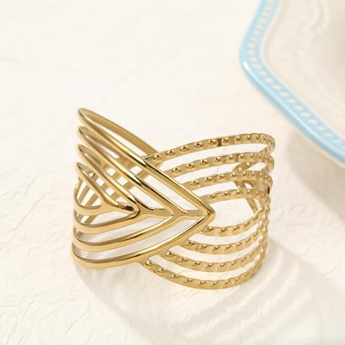 18K Gold Plated Stainless Steel Bracelet Irregular Geometric Multi-Layer Cuff Bracelet Bangles for Women Daily Outfits