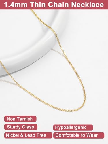 FOCALOOK Womens Chain Necklace, 1/1.4/2mm Thin Cable Link Necklace Chain | Hypoallergenic 316L Stainless Steel, Non Tarnish, Sturdy Chain for Pendants, 14K Gold Plated/Silver/Rose Gold/Black, 14-30" - color: 1.4mm 14K Gold Plated, size: 18 Inch