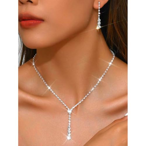 Yean Silver Bridal Jewelry Set Rhinestone Wedding Necklace and Earring Set Prom Jewelry for Women and Bride - color: Silver