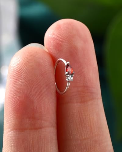 20G 925 Sterling Silver Small Thin Nose Ring Hoop for Women, Silver 7mm - 8mm Adjustable Half Hoop Nostril Piercing Jewelry - color: Red CZ