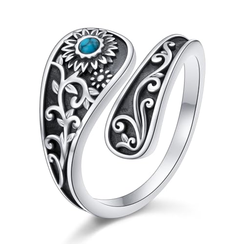 FLYOW Sterling Silver Sunflower Spoon Ring Victorian Style Boho Antique Flower Adjustable Open Ring Retro Statement Cubic Zirconial/Turquoise/Oxidized Thumb Rings for Women Birthday Christmas Jewelry - style: Turquoise Oxidized-7