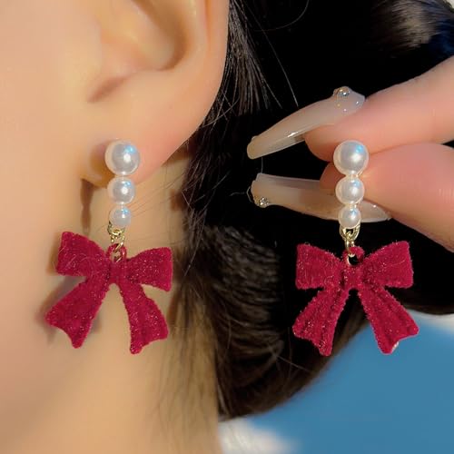 Pearl Bow Earrings for Women Coquette Aesthetic Jewelry Rhinestone Bow Earrings for Bridesmaids Wedding Party Accessories Bridal Costume Accents Bowknot Themed Gifts - color: J1: Red Bow Pearl Earrings