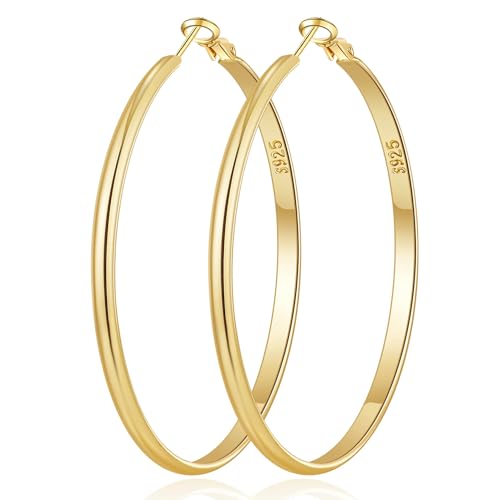 EXGOX 5mm Wide Gold Hoop Earrings for Women,Sterling Silver Hoop Earrings Large Silver Hoop Earrings Hypoallergenic Lightweight 14K Real Gold Plated Big Hoop Earrings for Women 30/40/50/60/70mm - color: 3MM-Gold Hoop-50mm
