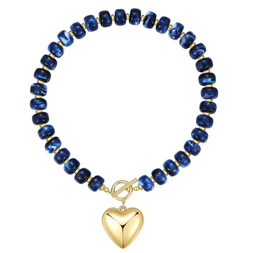 Chunky Heart Necklaces for Women Colorful Resin Beaded Necklaces for Women Gold Puffy Heart Statement Necklace Trendy Acrylic Choker Jewelry Gift - color: C