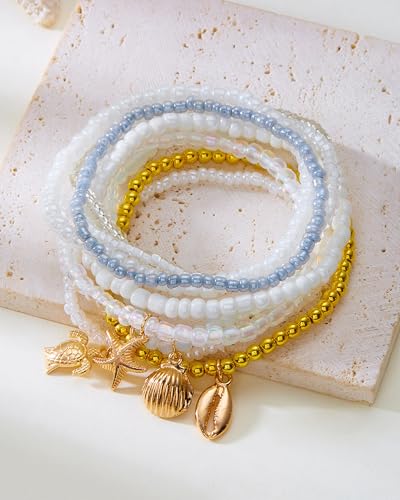 Shell Bracelets for Women Layered Seashell Starfish Bracelets Stackable Stretch Boho Beaded Bracelet Summer Beach Surfer Bracelet Seaside Beach Dress Outfits Accessories - color: A8:shell bracelets