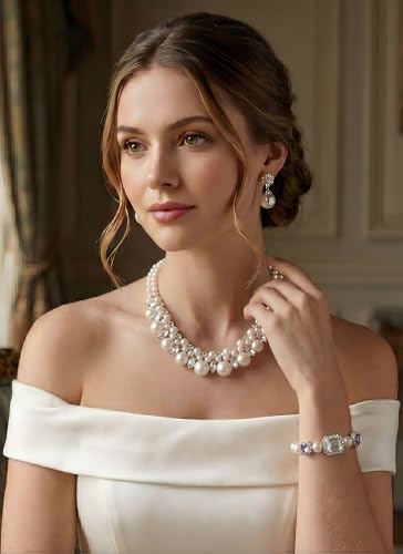 Pearl Necklace Set - Faux Pearl Earrings and Bracelets Jewelry Set for Women Wedding Bridal Shower Tea Party Accessories - style: 3pcs-silver