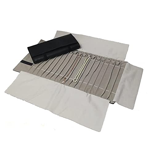 Travel Necklace Organizer, Tangle Free Jewelry Case, 16 Slots | Foldable,LightWeight Compact, Velvet Lining Jewelry Storage Bag for Chain Bracelet, Gift for Women Girls,Black PU and Gray - color: Black PU and gray velvet