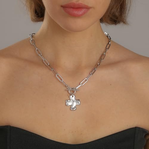 Chunky Cross Necklace for Women Trendy 14K Gold Silver Plated Statement Big Cross Pendant Paperclip Chain Charm Necklaces Religious Faith Easter Basket Stuffers Baptism Costume Jewelry Gift - color: White Gold-Toggle-1 inch pendant
